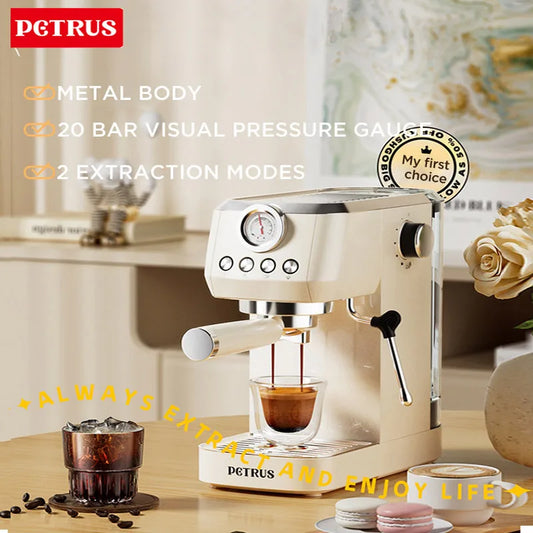 Petrus Coffee Machine 20 Bar Espresso Coffee Maker Milk Frother Steam Wand For Cappuccino Metal Body Automatic Extraction