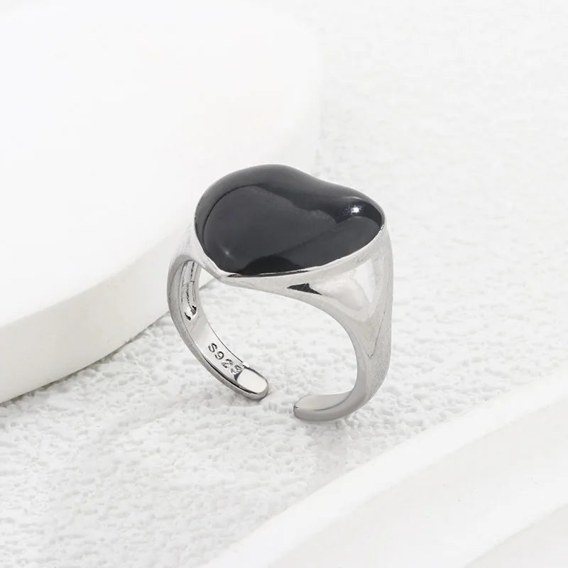 925 Sterling Silver Black Heart Adjustable Ring